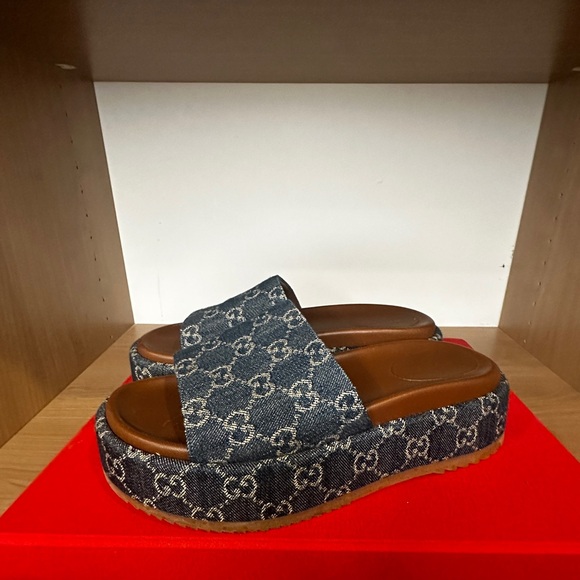 Gucci Shoes - Gucci Angelina GG monogram blue denim flatform slides size 40. EUC.